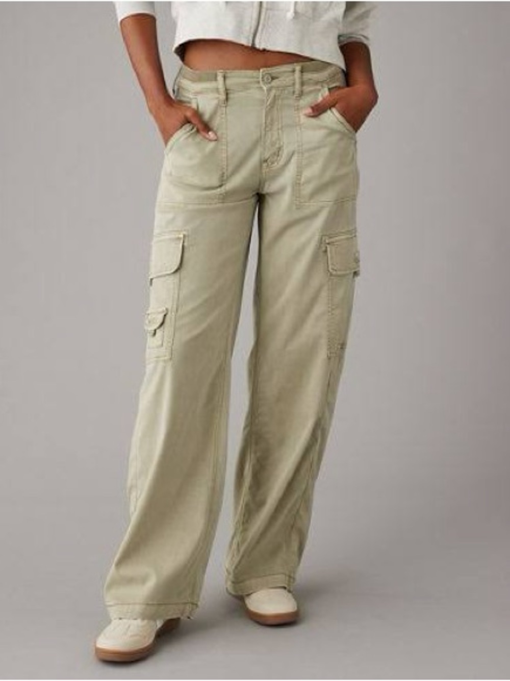 American Eagle Drape Stretch Cargo Super High Waisted Baggy Wide Leg Pant Green